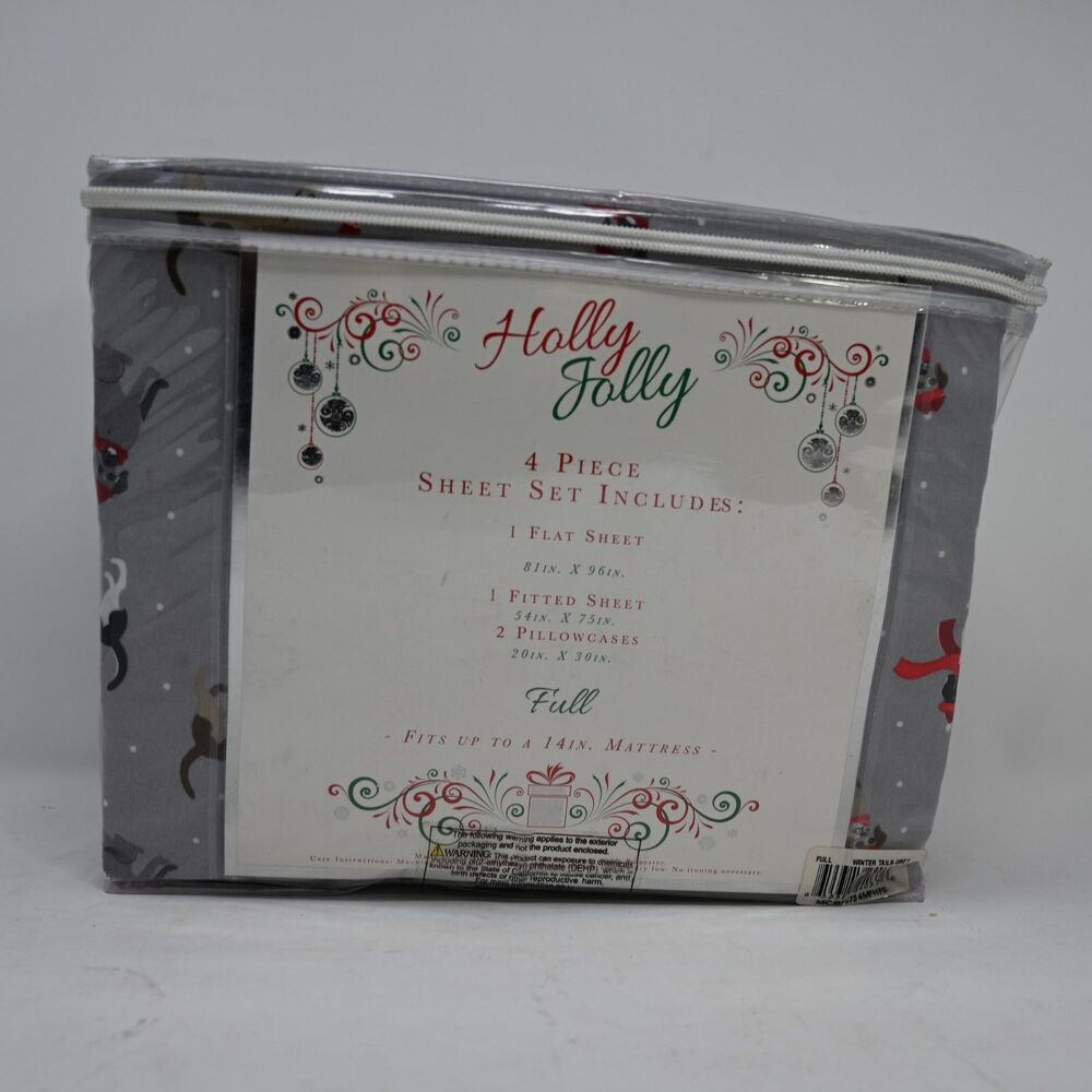 Holly Jolly Full 4pc Sheet Set Dogs Christmas Gray New Package Wear
